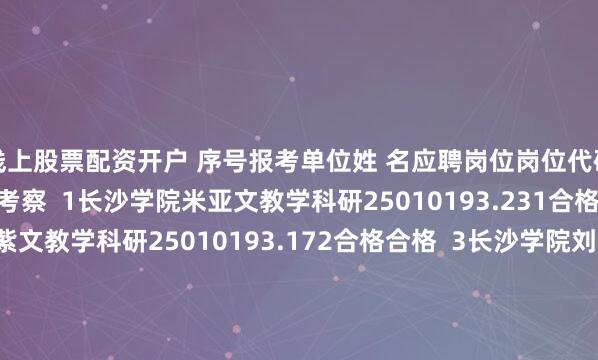 线上股票配资开户 序号报考单位姓 名应聘岗位岗位代码考核分数考核名次体检考察  1长沙学院米亚文教学科研25010193.231合格合格  2长沙学院唐紫文教学科研25010193.172合格合格  3长沙学院刘唱唱教学科研25020195.331合格合格  4长沙学院袁平教学科研25020194.002合格合格  5长沙学院黄胄教学科研25020193.333合格合格  6长沙学院罗星臣实验技术